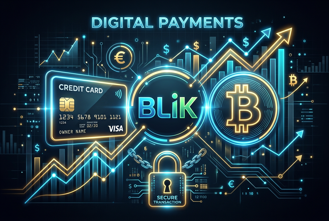 Metody płatności w nowoczesnym kasynie online z ikonami BLIK, Bitcoin i kart płatniczych