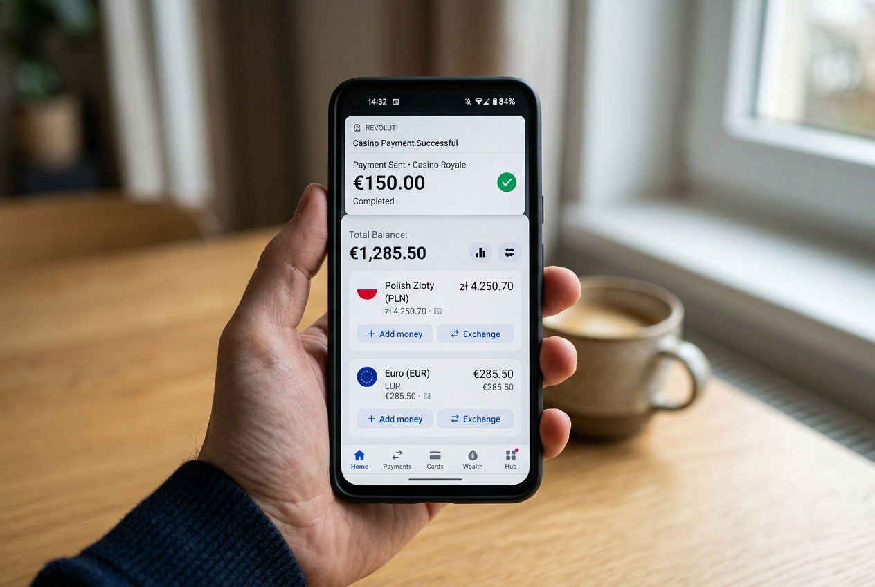 Interfejs aplikacji Revolut na smartfonie pokazujący powiadomienie o płatności w kasynie oraz wielowalutowy portfel.